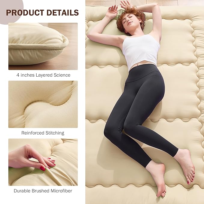 Japanese Floor Futon Mattress Queen Size, 4" Thicken Foldable Mattress Tatami Mat Sleeping Pad, 25D Foam Filled Traditional Shiki Futon (shikibuton), Designed in Japan (Beige 60"x 80")
