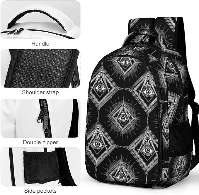Large Capacity Laptop Backpack Freemasonry Freemason Logos Black, Sturdy Water Resistant College Bookbag with Water Bottle Pockets for Business Travel Gifts