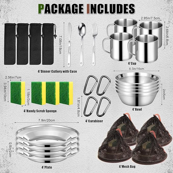 Scout Camping Mess Kit for Person 18/8 Stainless Steel Utensils Camping Dinnerware Kit Boy Scout Dishes Set Girl Scout Mess Kit with Mesh Bag Camping Cutlery Set for Travel Trip School Camp