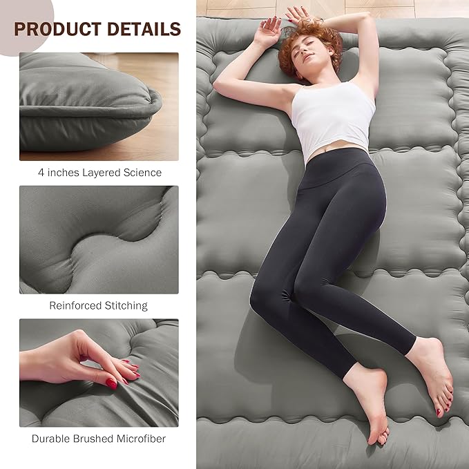 Japanese Floor Futon Mattress Full Size, 4" Thicken Foldable Mattress Tatami Mat Sleeping Pad, 25D Foam Filled Traditional Shiki Futon (shikibuton), Designed in Japan (Dark Grey 54"x 80")