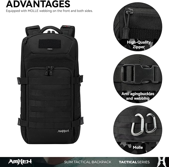 20L Slim Tactical Backpack - Suspended 13" Laptop Compartment, Rugged MOLLE Daypack for Everyday Carry, Work, Travel (Black)