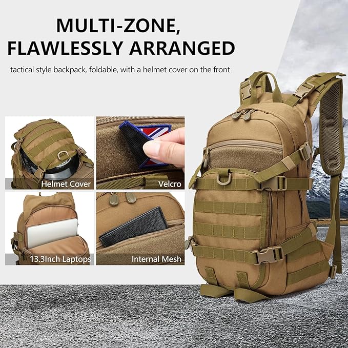 25L Small Tactical Backpack For Men, Military Waterproof Backpack With Multiple Pockets, 3-Day Bug Out Bag Molle Military Backpacks For Camping, Hiking, Traveling (Khaki)
