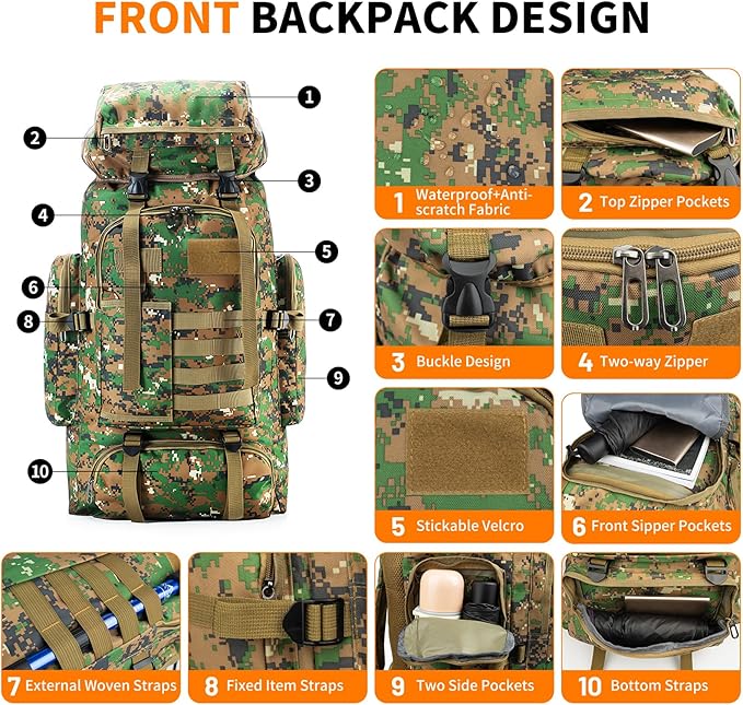 Hiking Backpack Tactical Backpack for Men Women, 80L Military Backpack Rucksack Waterproof Large Travel Camping Backpack for Men, Molle Rucksack Outdoor Sport Travel Daypack (Woodland Camo)