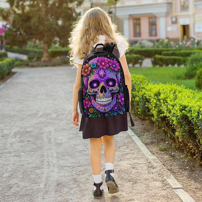 Rucksack Multipurpose Anti-Theft Big Capacity Shoulder Bag, Sugar Skull Flower Feathers Art Travel Hiking Camping Rucksack With Side Pockets