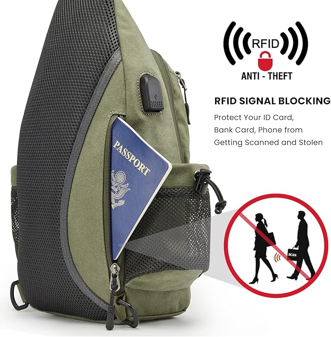G4Free Canvas Sling Bag Crossbody Backpack with USB Charging Port & RFID Blocking, Hiking Daypack Chest Bag for Women Men
