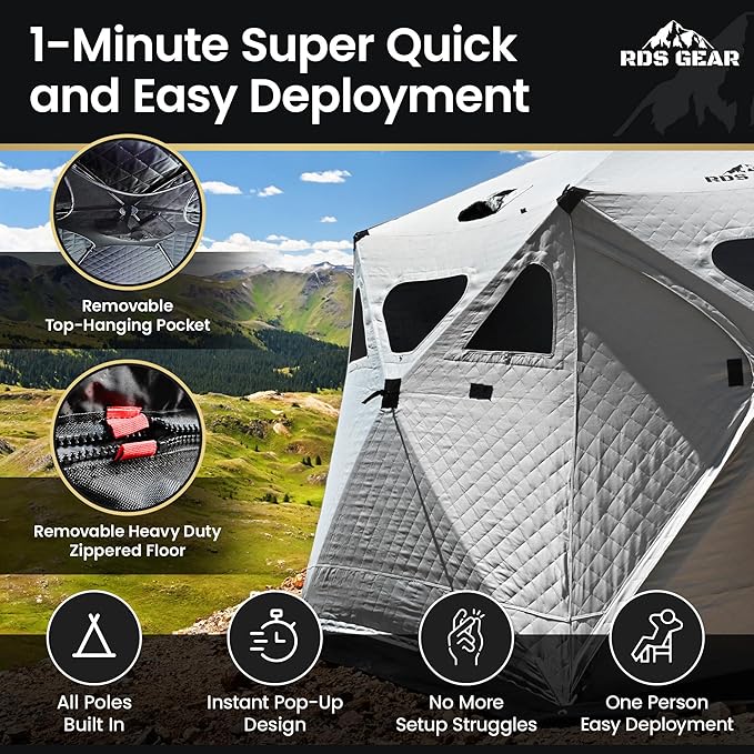 Obsidian - Heavy Duty 4 Season Camping Shelter, 6-8 Person Capacity, Instant Pop-Up Tent, Insulated and A/C Ready, Removable Floor for Easy Cleaning or Ice Fishing