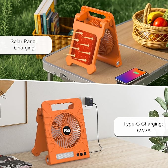 Portable Solar Camping Fan, 4000mAh Rechargeable Battery Fan with LED Lantern, 4 Speeds & Timers, Quiet Fan for Outdoor, Tent, Fishing, Chicken Coop, Emergency, Worksite