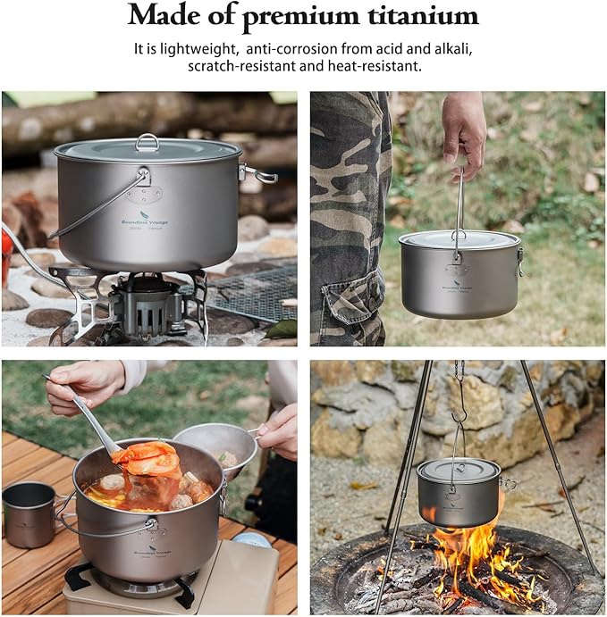 Boundless Voyage Titanium Hanging Pot for Outdoor Camping Backpacking Hiking Ultralight Portable Cooking Pot Camp Kitchen Cookware 1300ML/1950ML/2900ML