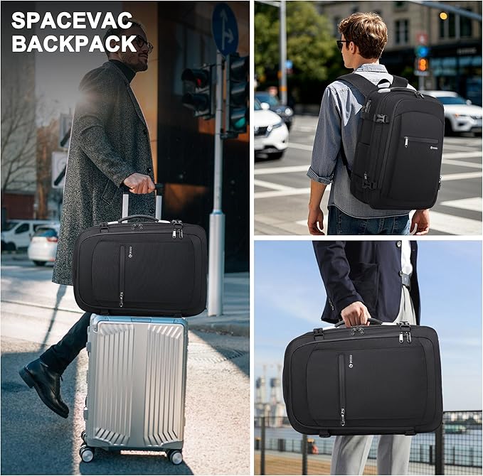 POSO Vacuum Backpack Travel, 60L Expandable Vacuum Seal Backpack with Pump, fit 17'' Laptop Backpack, TSA Lock Carry-On Airback Travel Backpack with Detachable Compression Airbag- Black