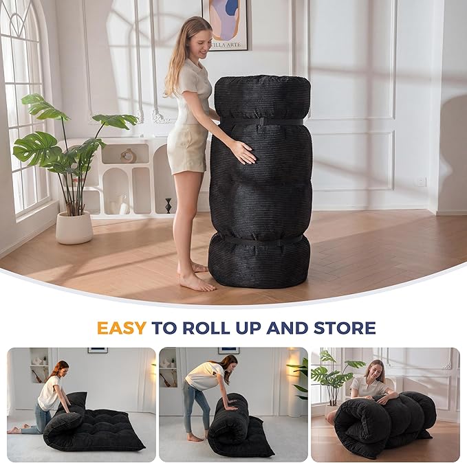 MAXYOYO 6" Japanese Floor Mattress, Foldable Futon Mattress Queen Size, Tufted Roll Up Floor Bed, Thick Tatami Mat Sleeping Pad Portable Lounger for Camping Guest Room Dormitory Bedroom RV, Black