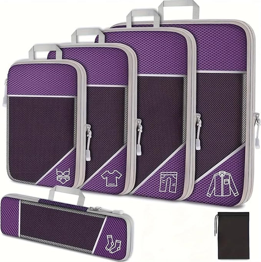 6Pcs Compression Packing Cubes Set, Waterproof Travel Luggage Organizer with Drawstring Bag, Lightweight Nylon Suitcase Storage Bags for Travel Camping Business Trip