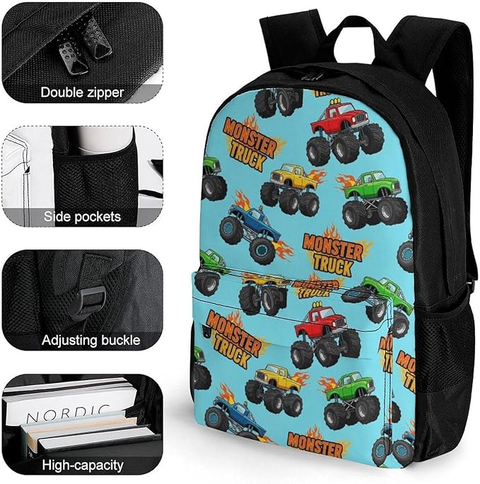 Supdreamc Men Women Polyester Monster Truck Cartoon Daypack Big Capacity Shoulder Bag With Smooth Zippers for Hiking Work Walking Cycling