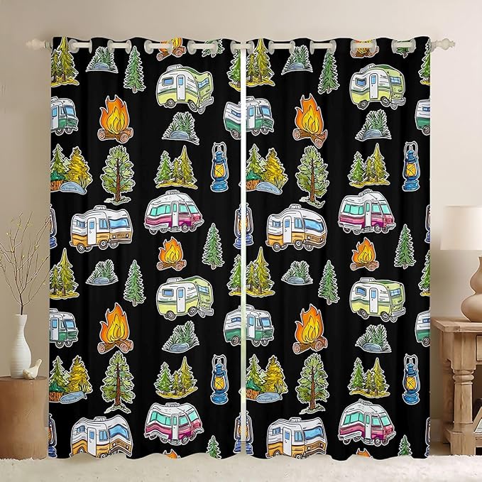 Feelyou Vintage Camper Decor Curtains for Bedroom Living Room Rustic Camping Trailer Blackout Darkening Drapes Happy Camping Theme Window Treatments, 2 Panels 38 x 54 Inch Room Decor