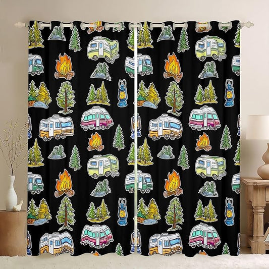 Feelyou Vintage Camper Decor Curtains for Bedroom Living Room Rustic Camping Trailer Blackout Darkening Drapes Happy Camping Theme Window Treatments, 2 Panels 38 x 54 Inch Room Decor