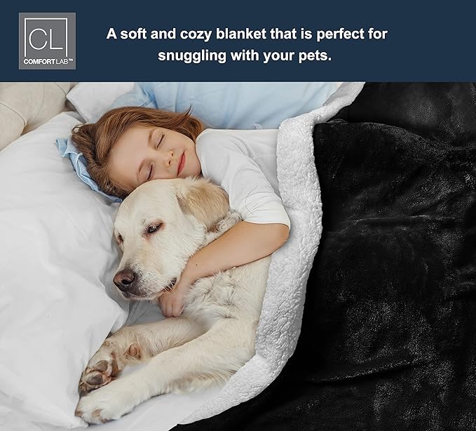Comfort Lab Reversible Flannel Sherpa Throw Blanket - Elegant Fluffy Throw Blankets for Couch and Home Decor - Anti Pilling Non Shedding Cozy & Warm Fleece Throws - Kids/Pet (40" x 50") - Black