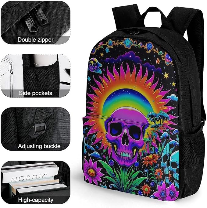 Supdreamc Men Women Polyester Psychedelic Skull Sun And Moon Neon Art Casual Daypack Large Capacity Carry On Bag With Adjustable Shoulder Straps for Camping Work Running