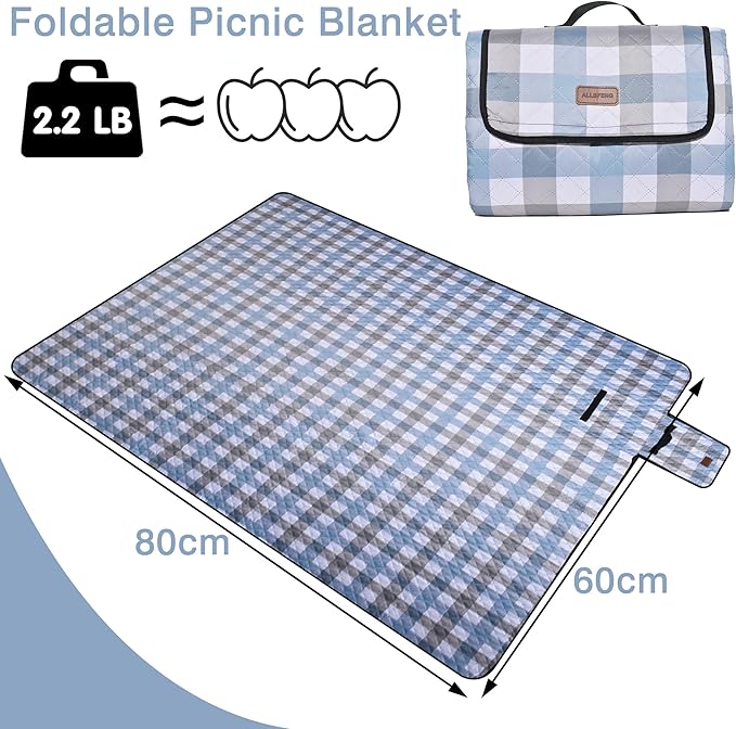 Extra Large Picnic Blanket 80''x 60'' Waterproof Foldable Picnic Mat for Beach, 5-Layer Outdoor Blanket for 6 to 8 Adults,Camping Grass Lawn Park Accessories Couple Park Wedding Registry(Blue Gray)