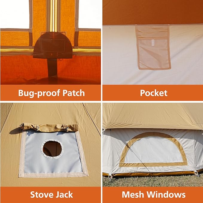Canvas Bell Tent - 4 Seasons Glamping Tent with Stove Jack for Family Camping - Assorted Colors - Waterproof