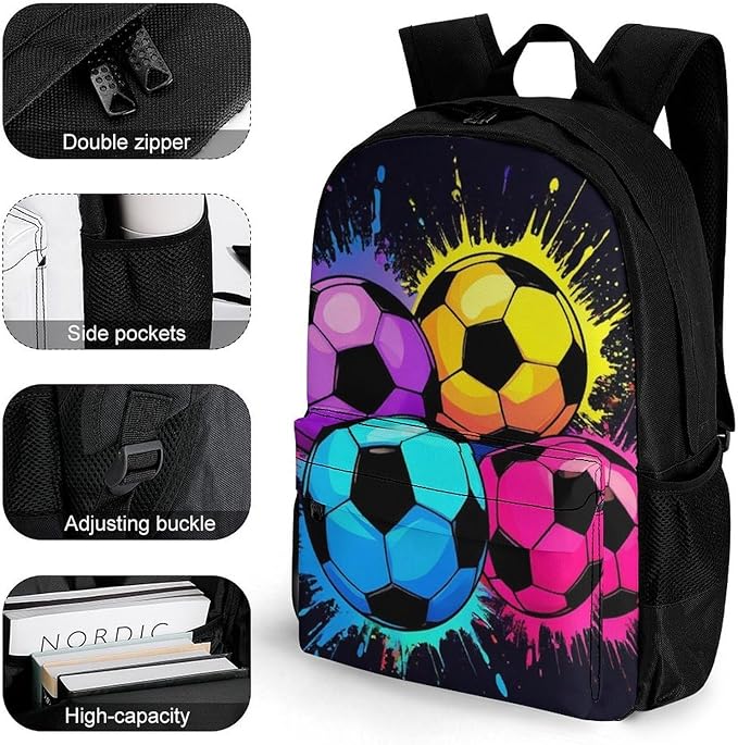 Lightweight Daypack for Camping Business Walking Cycling, Large Capacity Anti-Theft Multipurpose Bookbag, Colorful Paint Splash Ink Soccer Ball Football Black Gym Outdoor Hiking Backpack