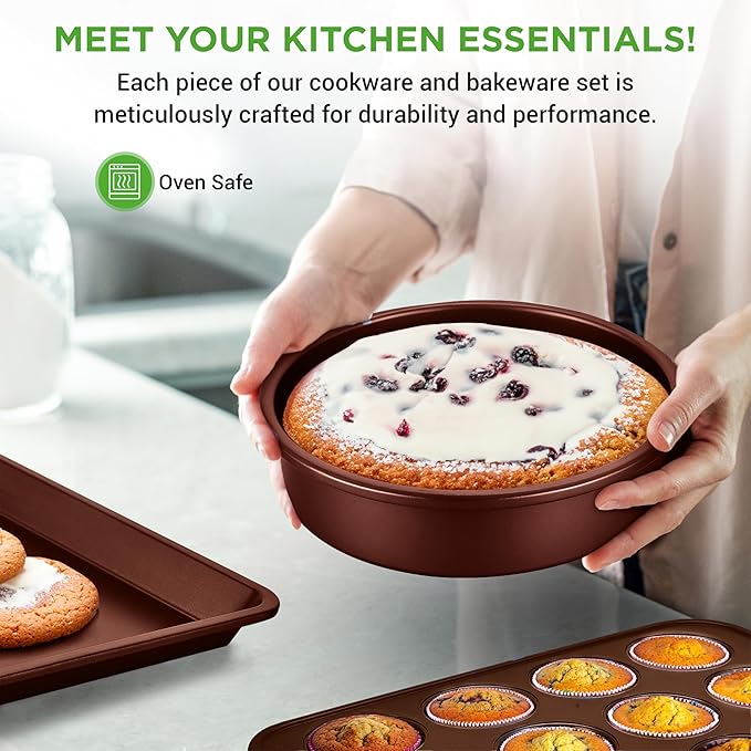 NutriChef 20 Piece Professional Home Kitchen Cookware and Bakeware, Pots and Pans Set Non Stick Kitchenware, Cool-Touch Handles, Safe for Gas, Electric, Induction Cooktops, Easy Clean, Brown