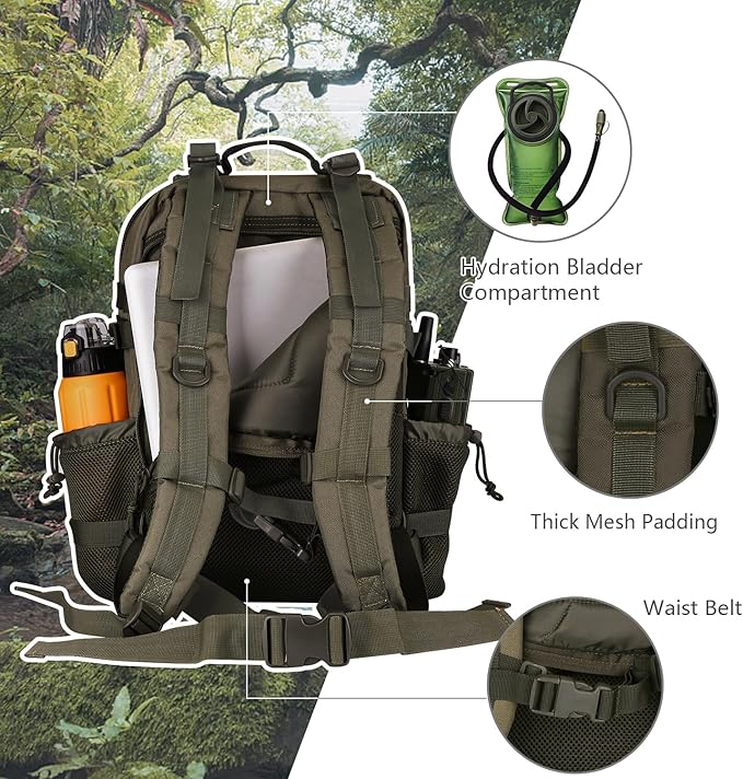 30L MOLLE Assault Pack, Tactical Backpack Military Army Camping Rucksack with Bottle Holder, 3-Day Pack, Olive Green