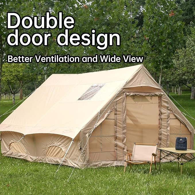 Inflatable Camping Tents with Hand Pump, Air Glamping Tents, Easy Setup Waterproof and Windproof Blow up Tent, 4 Seasons Oxford Cabin Tent with Mesh & Chimney Window.