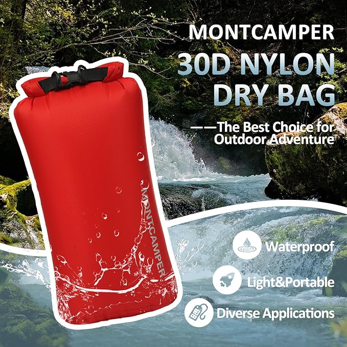 Waterproof Dry Bag 10L – 30D Nylon Roll Top Dry Sack with DWR & PU Coating, Lightweight Water-Resistant Storage for Kayaking, Camping, Hiking, Fishing & Beach (Red)