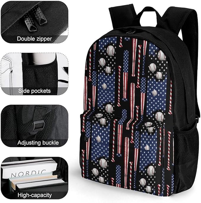 Daypack Backpack Polyester Multipurpose Anti-Theft Vintage Patriotic Usa American Flag Baseball Art Shoulder Bag Big Capacity Gym Outdoor Hiking Backpack With Smooth Zippers