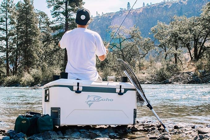 COHO 165QT Insulated Hard Cooler with Fish Ruler, Removable Cup Holders, Magnetic Disc & Tie-Down Loops, Ice Chest for Camping, Boating & Outdoor Use, Keeps Ice Up to 7 Days