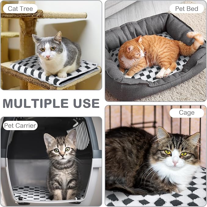 2 Pack Self Warming Cat Bed Self Heating Dog Pad Cat Warming Pad Thermal Pet Mat Washable Reflect Body Heat Removable Cover for Indoor Kittens Puppies (Grey White Plaid,16 x 20 Inch)