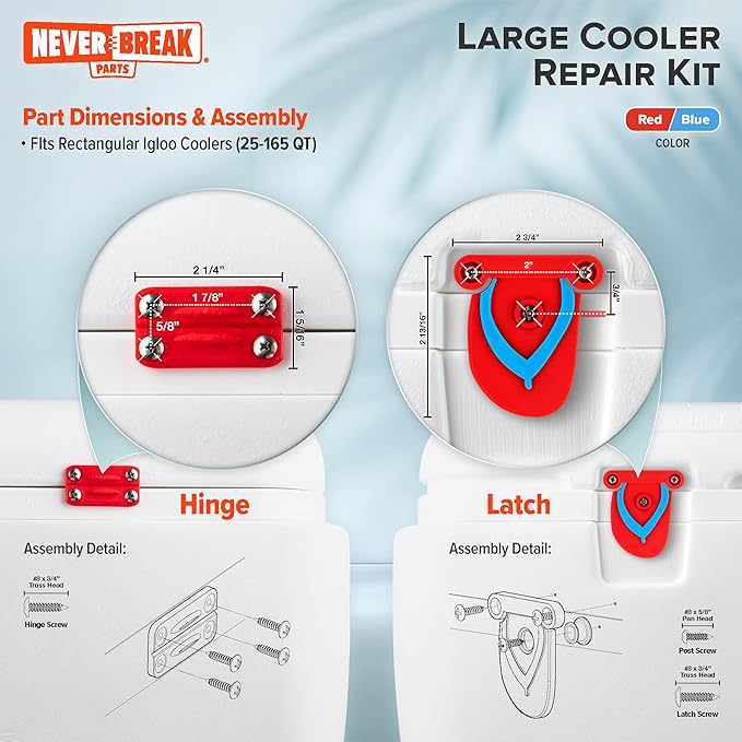 NeverBreak Parts - Igloo Cooler Replacement Parts - Large Repair Kit | High Strength Igloo Cooler Hinges Replacement with Latches | Ice Chest Repair Kit