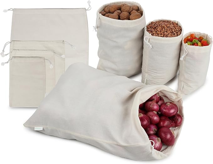 Reusable Cotton Storage Produce Bags With Drawstrings Set of 8 Mixed (S,M,L,XL), Muslin Bags - For Bulk Food Storage, Vegetable, fruit, Food, Snack, Footwear, Toys Storage Bag