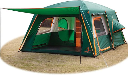 KTT Extra Large Tent 6-10-12-14 Person(B),Family Cabin Tents,2 Rooms,3 Doors and 3 Windows with Mesh,Straight Wall,Waterproof,Double Layer,Big Tent for Outdoor,Picnic,Camping,Family Gathering