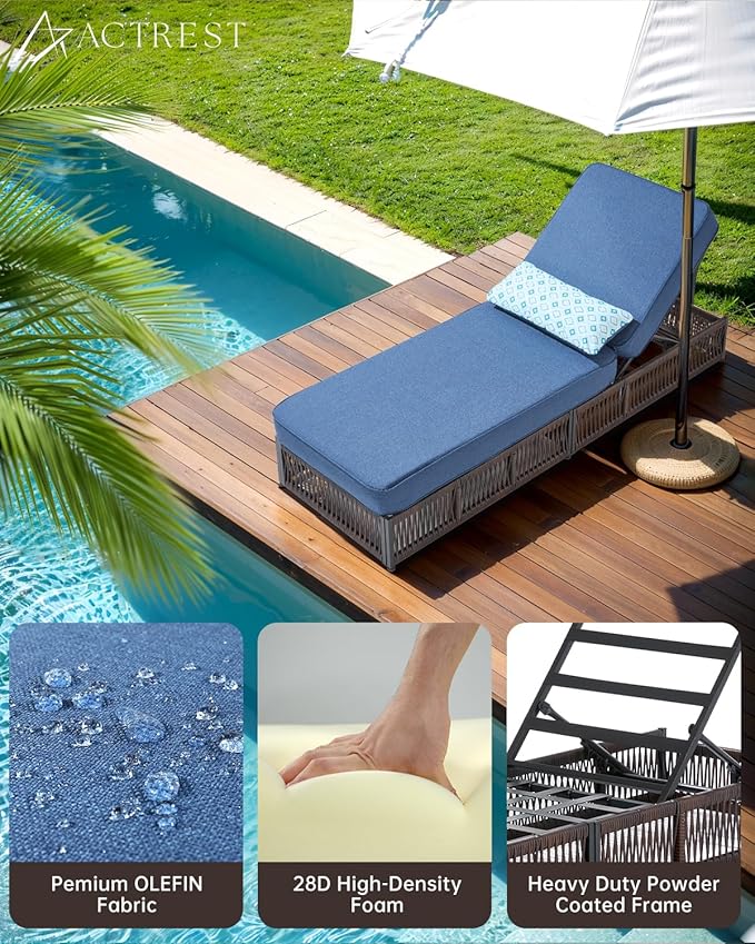 Luxury Outdoor Chaise Lounges with 5 Inch Thickened Cushions - Set of 2 High Back Brown Wicker Patio Recliners Rattan Reclining Chairs Porch Poolside Pool Sunbathing Lounger - Navy Blue