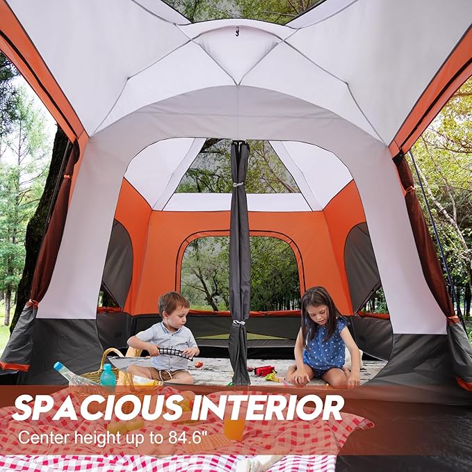 8–10-12 Person Camping Tent, 2 Room Family Tent with Zippered Divider, Porch, Rainfly, Extra Large Waterproof Cabin Tent with 3 Mesh Doors & Windows, Easy Setup 7.1 ft Tall Tent for Outdoor Camping