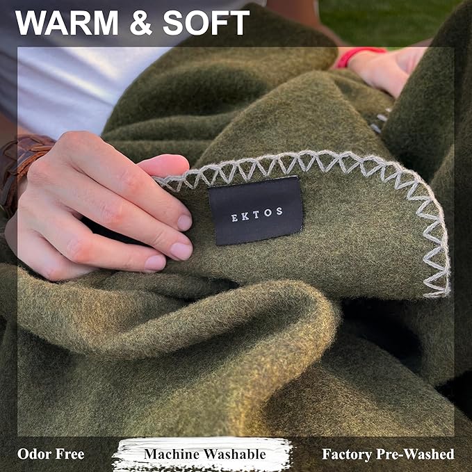 EKTOS 100% Virgin Wool Blanket, 90" x 90", Large, Warmest for Extreme Cold Camping (Olive Green, Queen Size)
