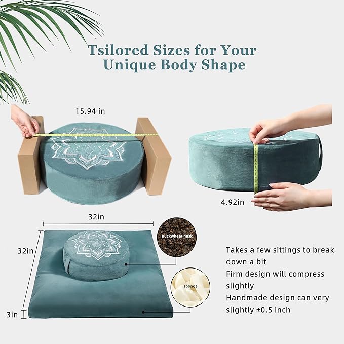 Meditation Zafu Cushion Set with Buckwheat Hulls & Memory Foam - Ergonomic Support for Yoga & Sitting - Removable Machine-Washable Luxury Velvet Cover - for Adults and Kids (Green)