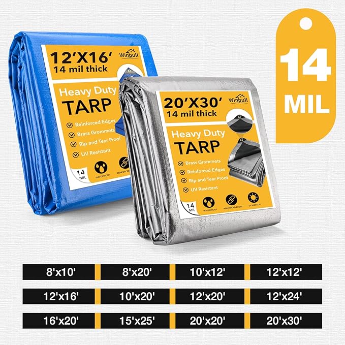Tarp 15x25 Feet 14 Mil Heavy Duty Waterproof Tarp, Large Multipurpose Cover with Brass Grommets and Reinforced Edges, UV Resistant Thick Poly Tarps for Outdoor Camping Tent Pool Car