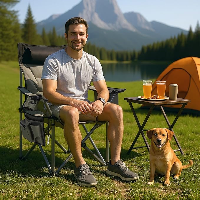Oversized Padded Camping Chairs, Hevy Duty Folding Camp Chair - 500Lbs Support for Adults - Comfortable Camping Chair with High Back & Pillow, 2 Pack