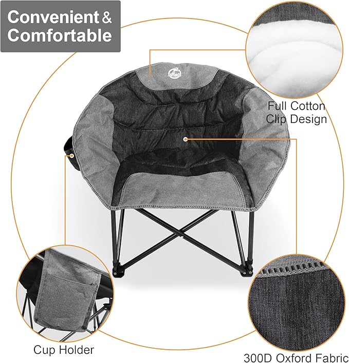 Northroad Folding Compact Camping Moon Chair, Outdoor Padded Saucer Round Chair w/Cup Holder Supports up to 300 lbs for Beach Hiking Fishing Picnic Lawn,Black