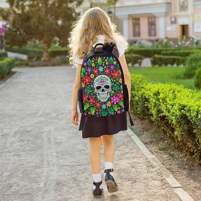 Rucksacks Polyester Anti-Theft Multipurpose Mexican Sugar Skulls Day Of The Dead Flowers Carry On Bag Large Capacity Gym Outdoor Hiking Backpack With Smooth Zippers