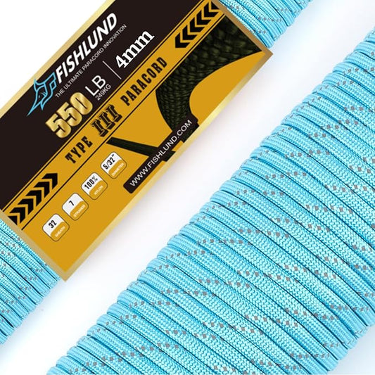 Reflective Paracord 550 lb, 7 Strand Paracord Rope 100ft 4mm, Nylon Parachute Cord for Camping, Lake Blue