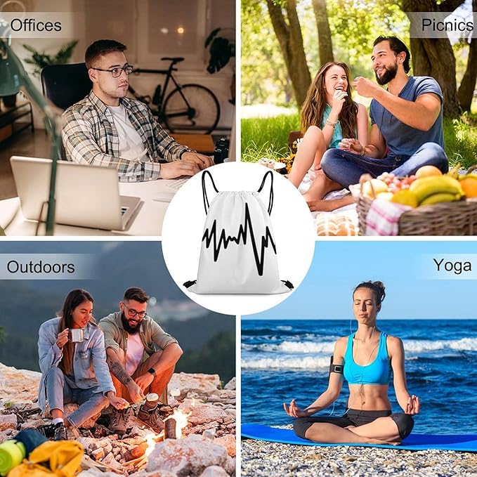 Drawstring Backpack Gym Sackpack Lightweight Waterproof String Bag for Sports Travel Yoga Beach Swimming, Men Women Unisex, Music Notes Heartbeat Bags