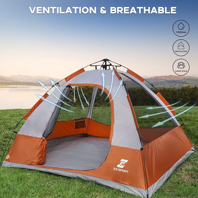EZ-Sport Pop Up Camping Tent - 4 Person Instant Easy Set Up Family Tent with Removable Rain Fly, Waterproof Windproof Automatic Tent for Outdoor Camping Hiking Backpacking Traveling