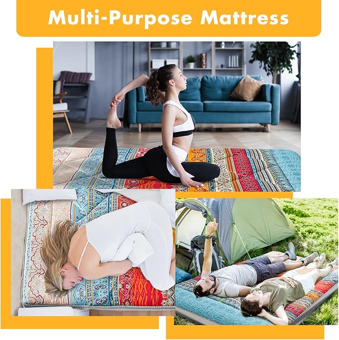 Japanese Floor Mattress Futon - Thicken Foldable & Portable Roll-up Camping Mattress, Bohemia Red Full