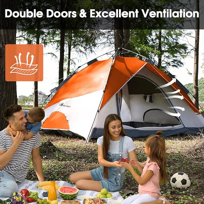 MOON LENCE Pop Up Tent 3-4 Person, 60s Instant Setup Camping Tent with 2 Doors, Water-Resistant & Windproof Dome Tent for Car Camping, Backyard, Traveling