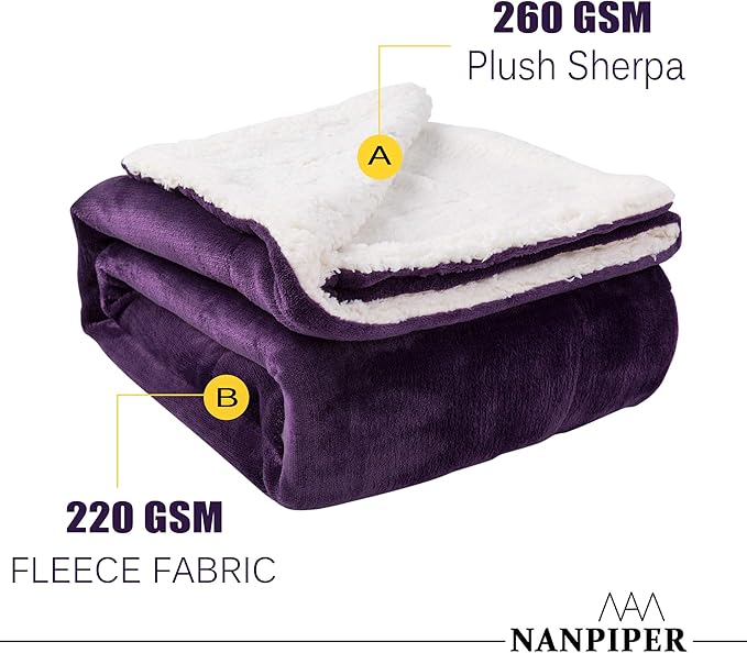 NANPIPER Sherpa Blanket, Super Soft Fuzzy Flannel Fleece/Wool Like Reversible Velvet Plush Couch Blanket, Lightweight Warm Blankets for Winter (Throw Size 50"x60", Purple)