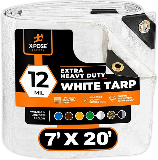 Heavy Duty White Poly Tarp 7' X 20' - Multipurpose Protective Cover - Durable, Waterproof, Weather Proof, Rip and Tear Resistant - Extra Thick 12 Mil Polyethylene - by Xpose Safety