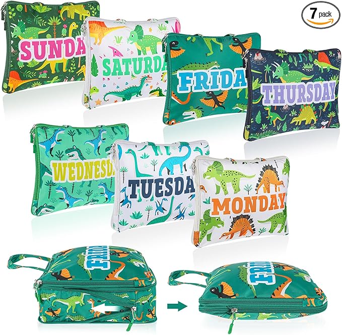 Paterr 7 Pcs Days of Week Packing Cubes Compression Packing Cubes for Kids Winter Camp Travel Daily Outfit Suitcase Organizers Zippered Storage Bag for Cruise Vacation Essentials(Dinosaur)