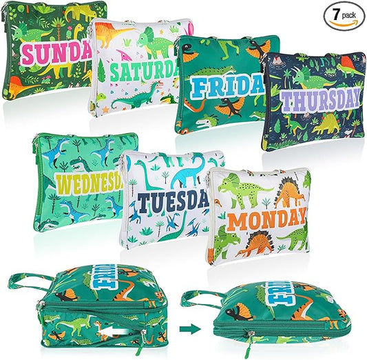 Paterr 7 Pcs Days of Week Packing Cubes Compression Packing Cubes for Kids Winter Camp Travel Daily Outfit Suitcase Organizers Zippered Storage Bag for Cruise Vacation Essentials(Dinosaur)